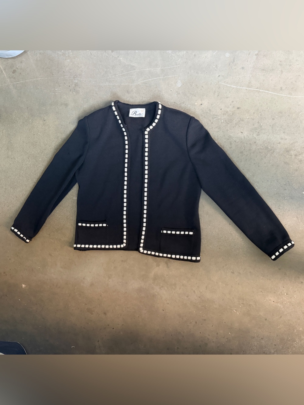 VTG 90s Black Knit Boxy Cardigan with White Trim M